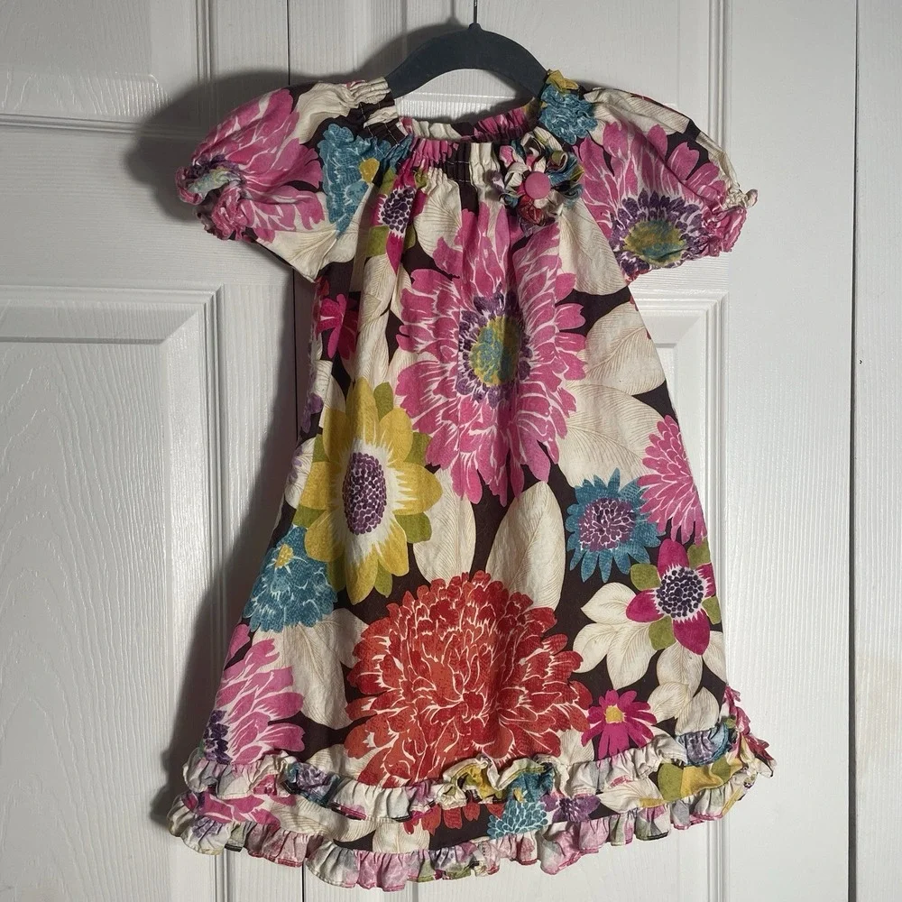 Le Za Me Dress Girls 4T 100% Cotton Pink Yellow Floral Puff Sleeve Ruffle Boho